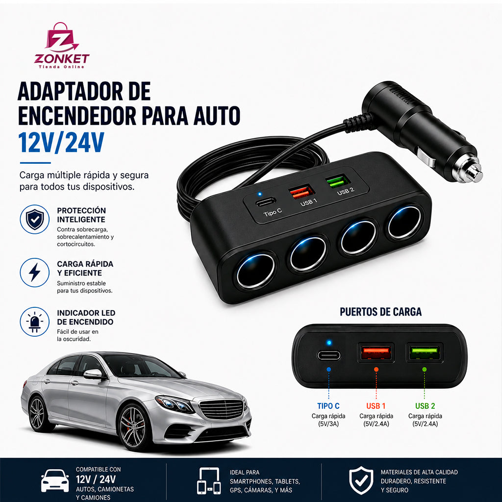 ADAPTADOR CARGADOR MULTICIGARRERA CARRO